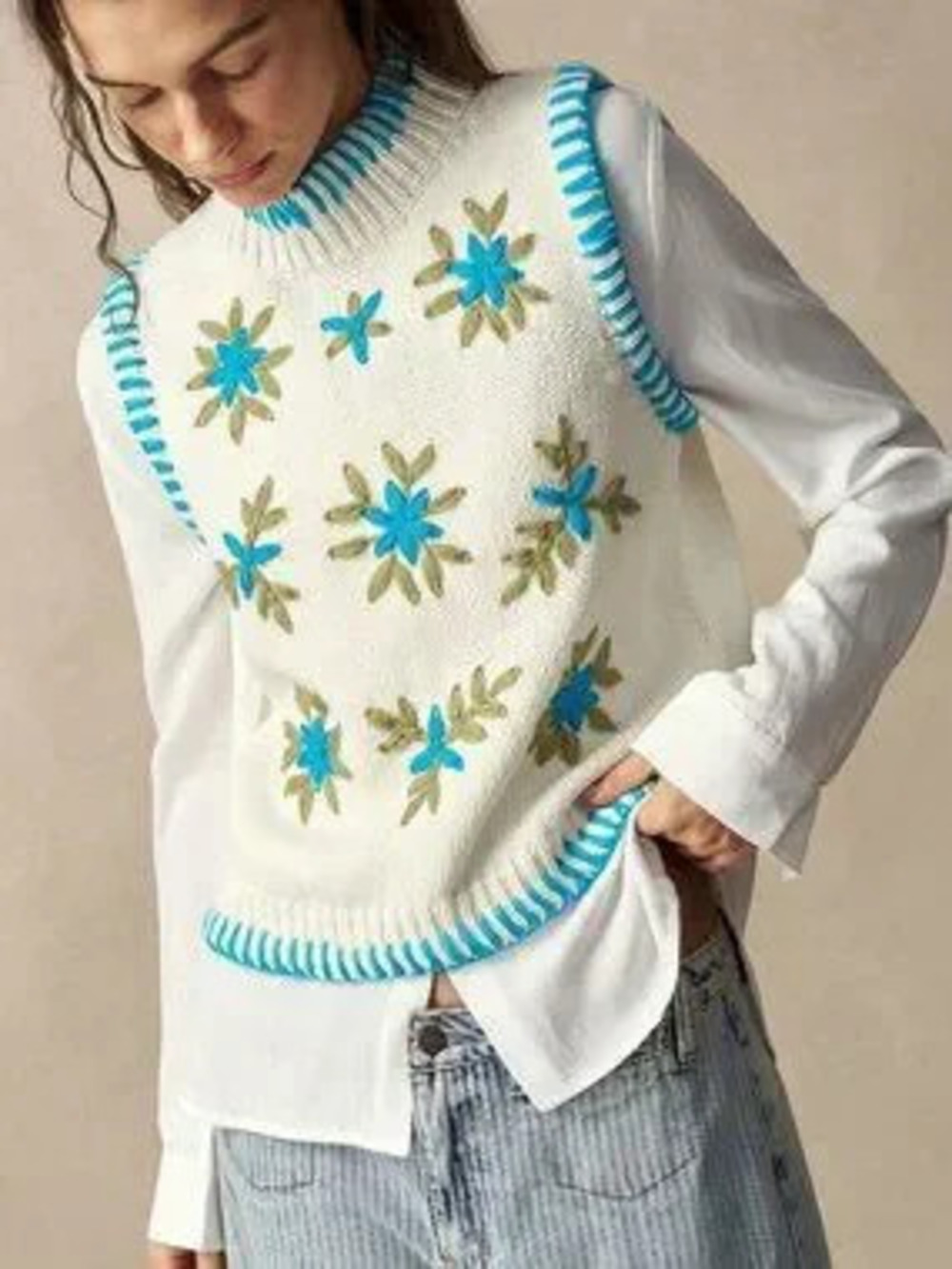ZARA Apricot Casual Women's Embroidered Knit Turtleneck Sweater Vest top
